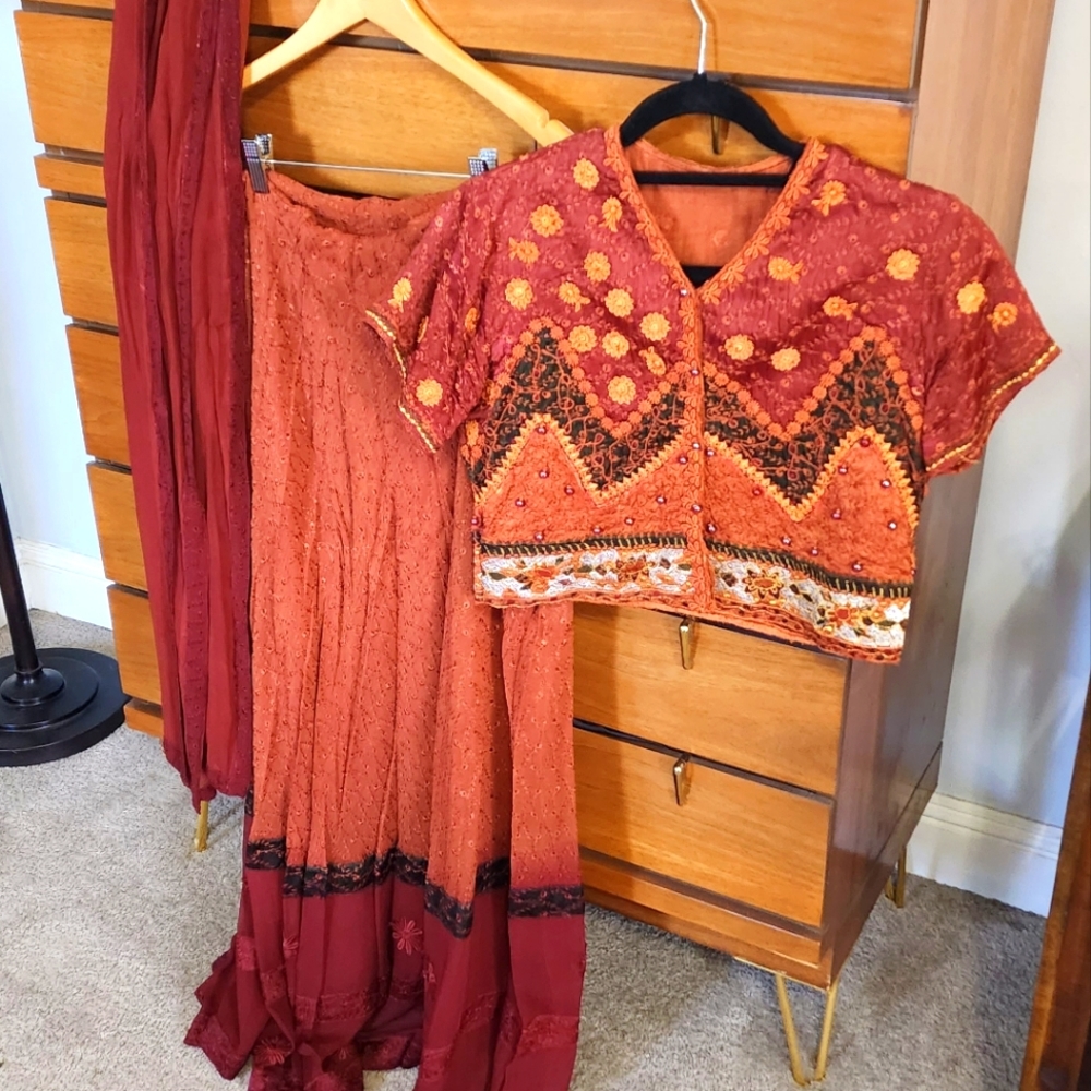 Hand beaded chuniya chori outfit traditional deep red and orange cotton